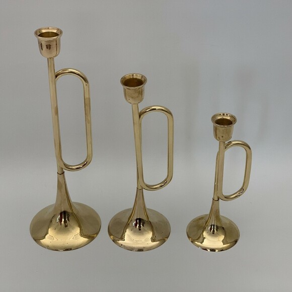 Vintage Brass Bugle Horn Trumpet Christmas Candlesticks Candle Holders Lot of 3 - Picture 1 of 11